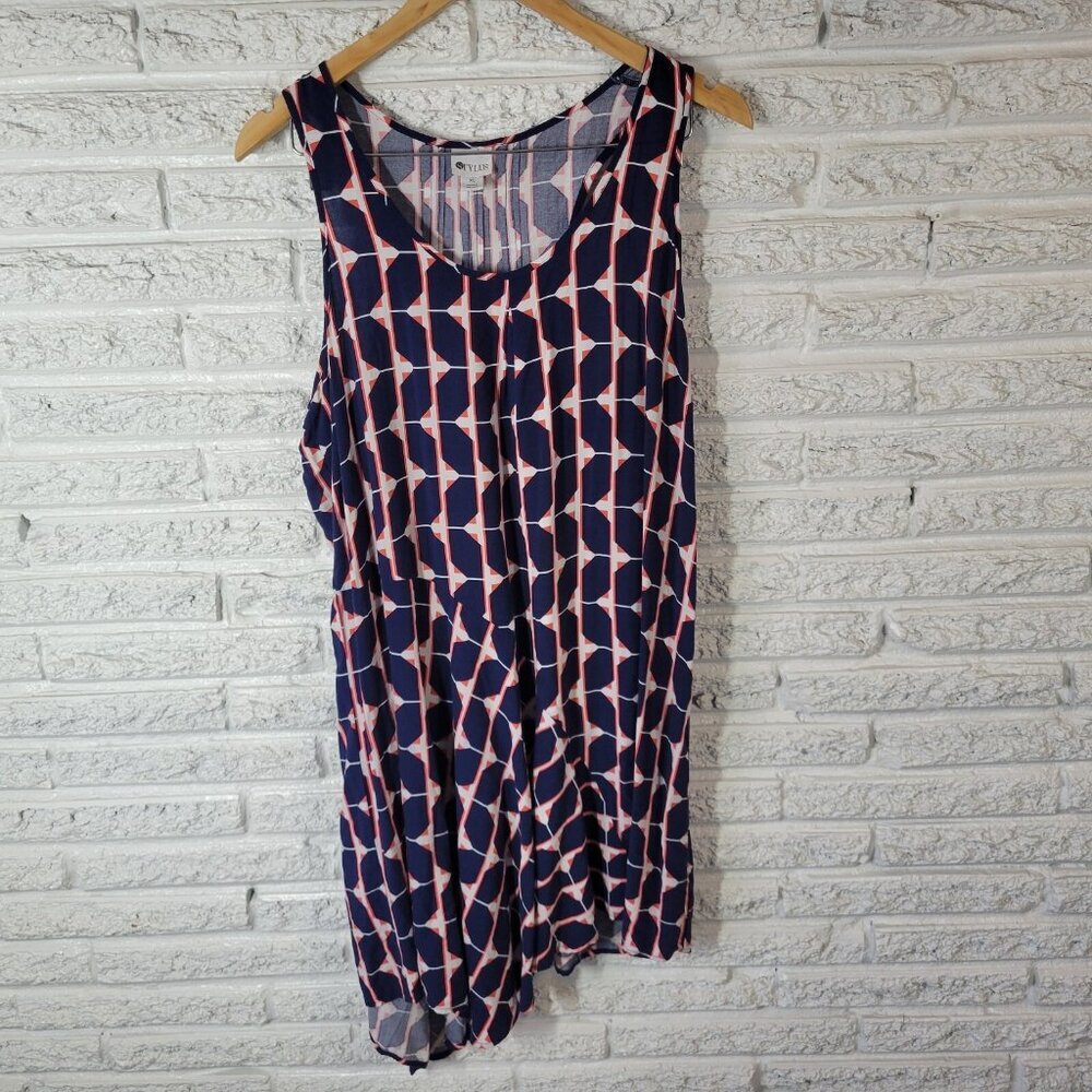 Stylus‎ Women XL Blue Red Geometric Tank Mini Dress Rayon Sleeveless GEO19E